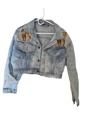RARE VTG Body Blue Designer Cropped Denim Jacket Tapestry Woven Size Small